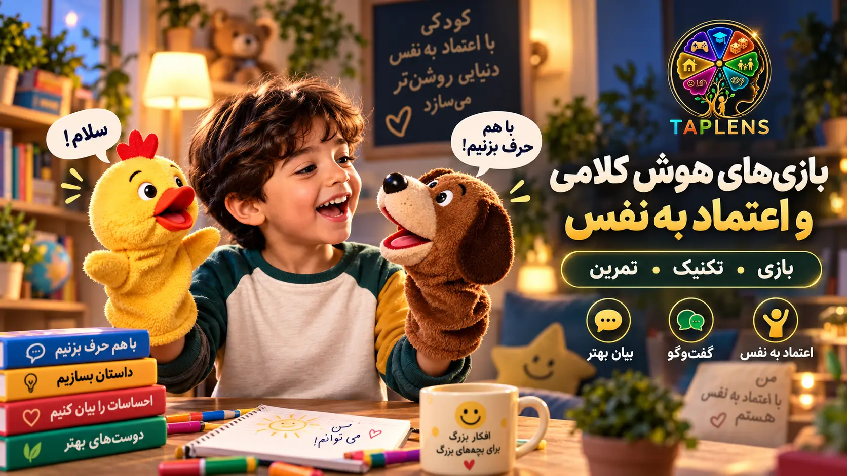 بازی های هوش کلامی و اعتماد به نفس تاپلنز با عروسک جوجو و سگ برای تقویت بیان کودک